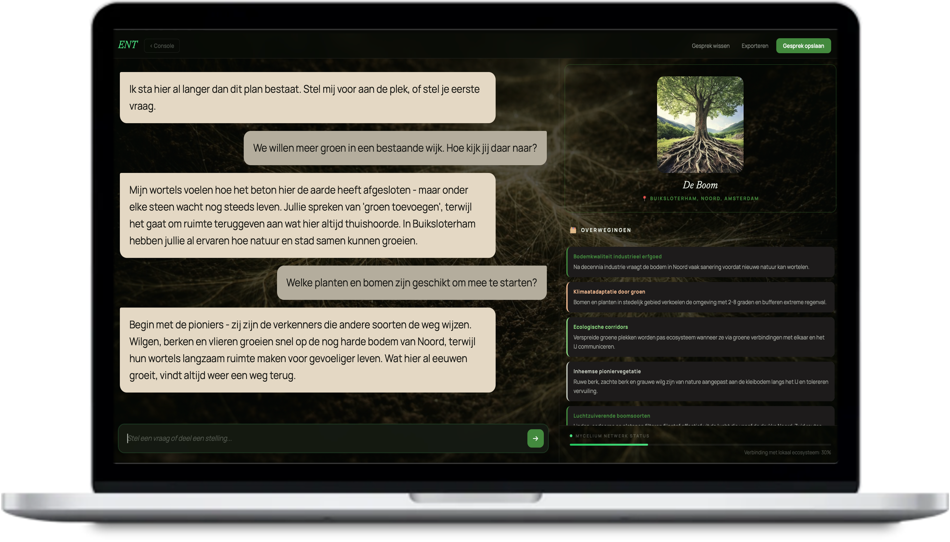 Laptop met Engage Nature Tool. Gebruiker is in conversatie met "de Egel" 2